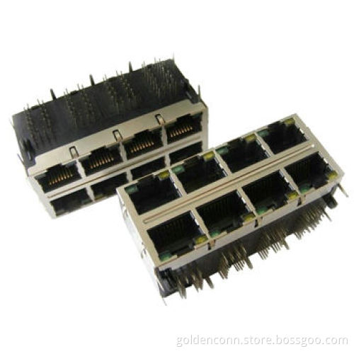 RJ45 Jack H-type Connector with/without LED, 8P8C, DIP Type, 2*4-port with Transformer